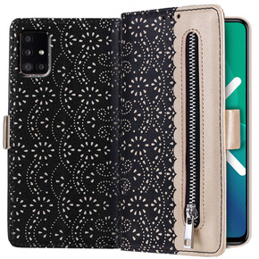 Klapkové puzdro pre Samsung Galaxy A51 5G, Wallet Pocket Zipper Lace, čierne