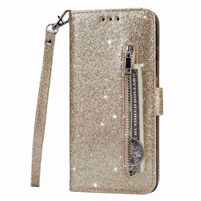 Klapkové puzdro pre Samsung Galaxy S24, Wallet Zipper Pocket Glittery, zlaté