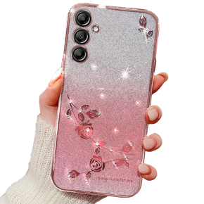 Puzdro pre Samsung Galaxy A15, Glitter Flower, ružové rose gold + 9H sklo