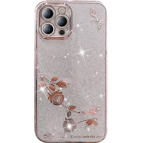 Puzdro pre iPhone 12 Pro, Glitter Flower, ružové rose gold