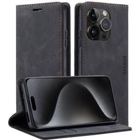 Puzdro pre iPhone 15 Pro Max, ERBORD Vintage, peňaženka s chlopňou, čierne