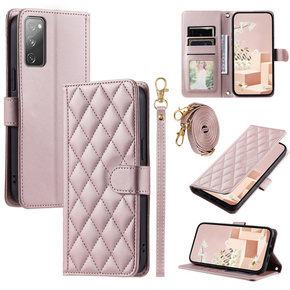 Puzdro s chlopňou pre Samsung Galaxy S20 FE, Rhombus Crossbody Leather, ružové rose gold