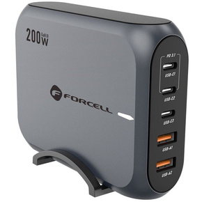 Stolná nabíjačka FORCELL 3x USB Type-C 2x USB-A 200W 5A GaN PD QC4.0, sivá