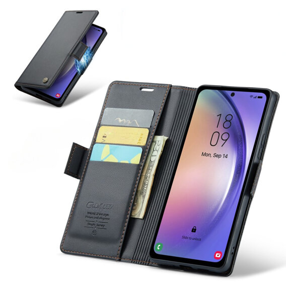 CASEME flipové puzdro pre Samsung Galaxy A54 5G, Litchi Wallet, čierne