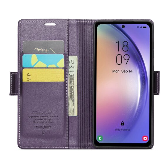 CASEME flipové puzdro pre Samsung Galaxy A54 5G, Litchi Wallet, fialové