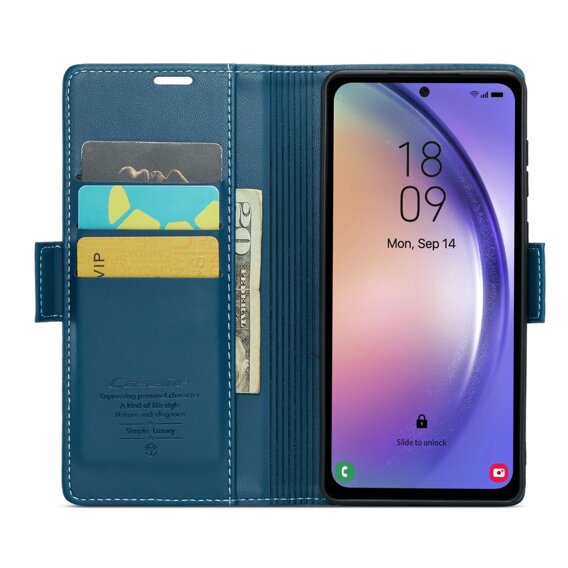 CASEME flipové puzdro pre Samsung Galaxy A54 5G, Litchi Wallet, modré