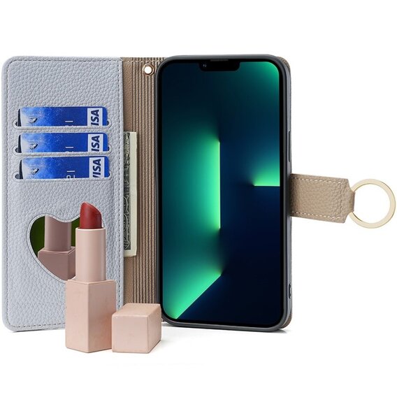 Flipové puzdro pre iPhone 15 Pro Max, Wallet Zipper Pocket, so zrkadlom, modré