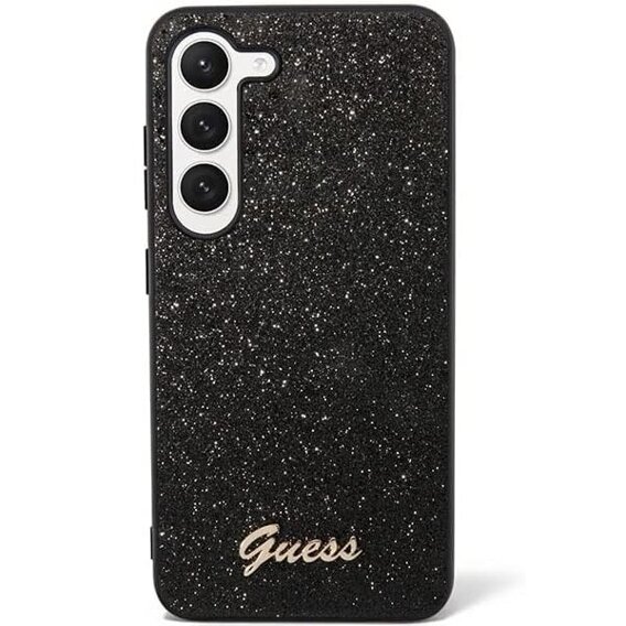 GUESS Obal na mobil pre Galaxy S24, Glitter Script Hardcase, čierne