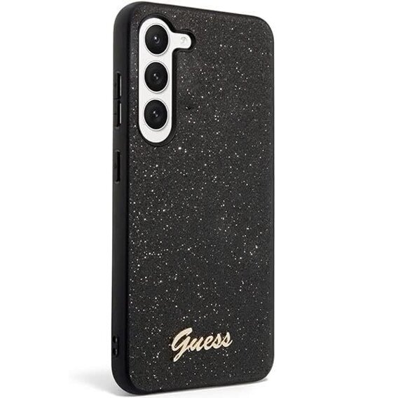 GUESS Obal na mobil pre Galaxy S24, Glitter Script Hardcase, čierne