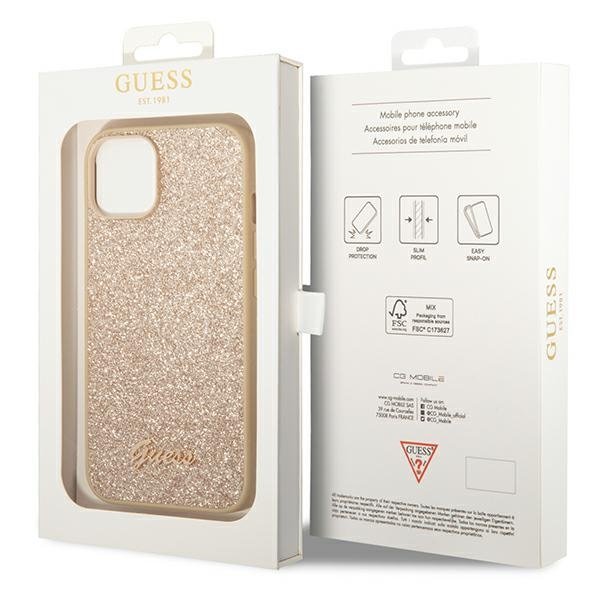 GUESS Obal na mobil pre iPhone 14 Plus, Glitter Script Hardcase, zlaté