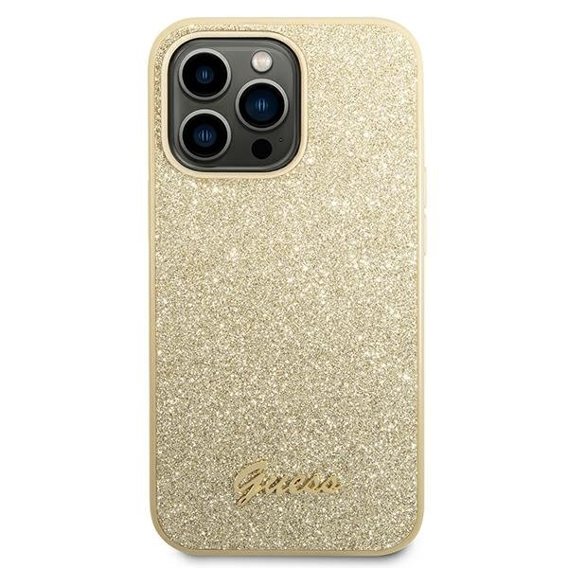 GUESS Obal na mobil pre iPhone 14 Pro, Glitter Script Hardcase, zlaté