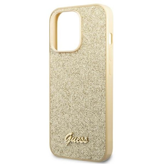 GUESS Obal na mobil pre iPhone 14 Pro, Glitter Script Hardcase, zlaté