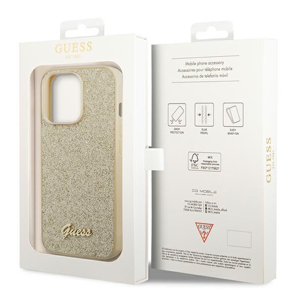 GUESS Obal na mobil pre iPhone 14 Pro, Glitter Script Hardcase, zlaté