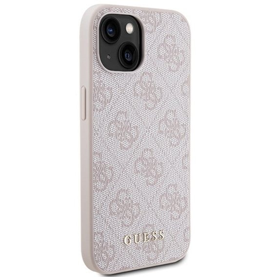 GUESS Obal na mobil pre iPhone 15 Plus, 4G Metal Gold Logo, ružové