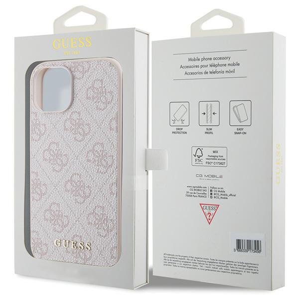 GUESS Obal na mobil pre iPhone 15 Plus, 4G Metal Gold Logo, ružové