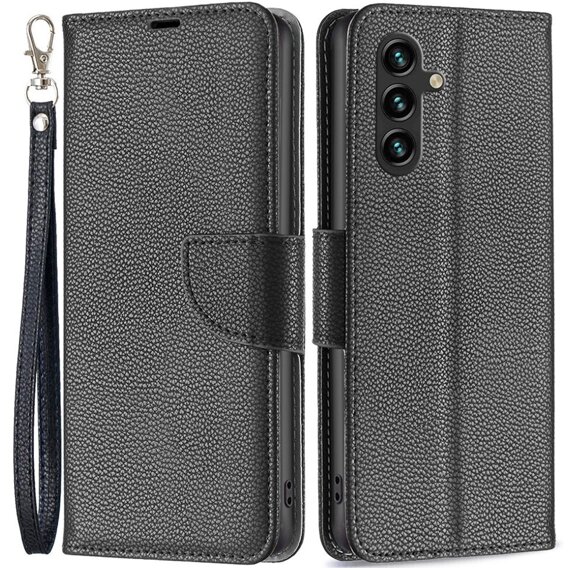 Klapkové puzdro pre Samsung Galaxy A15, Wallet Litchi Leather, čierne + 9H sklo 