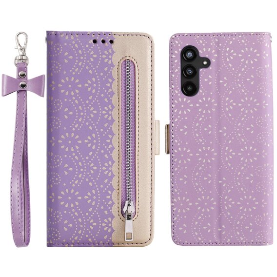 Klapkové puzdro pre Samsung Galaxy A35 5G, Wallet Pocket Zipper Lace, fialové