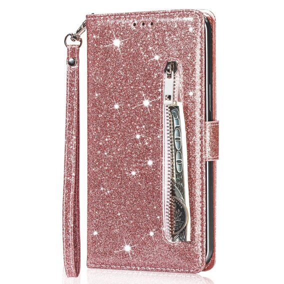 Klapkové puzdro pre Samsung Galaxy A35 5G, Wallet Zipper Pocket Glittery, ružové rose gold