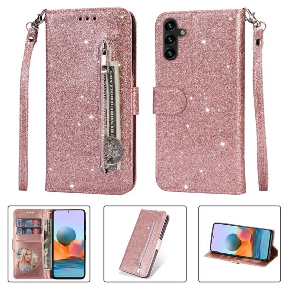 Klapkové puzdro pre Samsung Galaxy A35 5G, Wallet Zipper Pocket Glittery, ružové rose gold