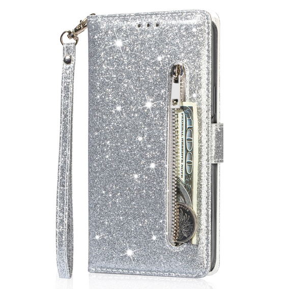 Klapkové puzdro pre Samsung Galaxy A35 5G, Wallet Zipper Pocket Glittery, strieborné