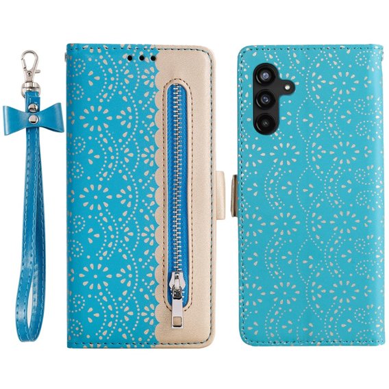 Klapkové puzdro pre Samsung Galaxy A54 5G, Wallet Pocket, Zipper Lace, modré