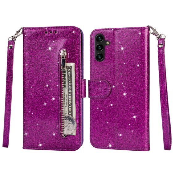 Klapkové puzdro pre Samsung Galaxy A55, Wallet Zipper Pocket Glittery, fialové