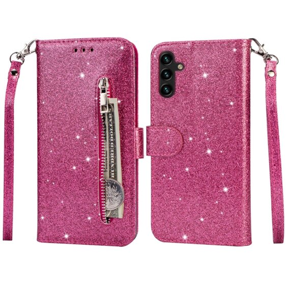 Klapkové puzdro pre Samsung Galaxy A55, Wallet Zipper Pocket Glittery, ružové