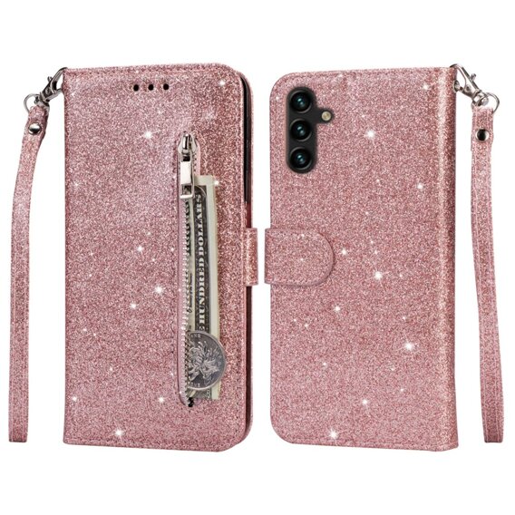 Klapkové puzdro pre Samsung Galaxy A55, Wallet Zipper Pocket Glittery, ružové rose gold