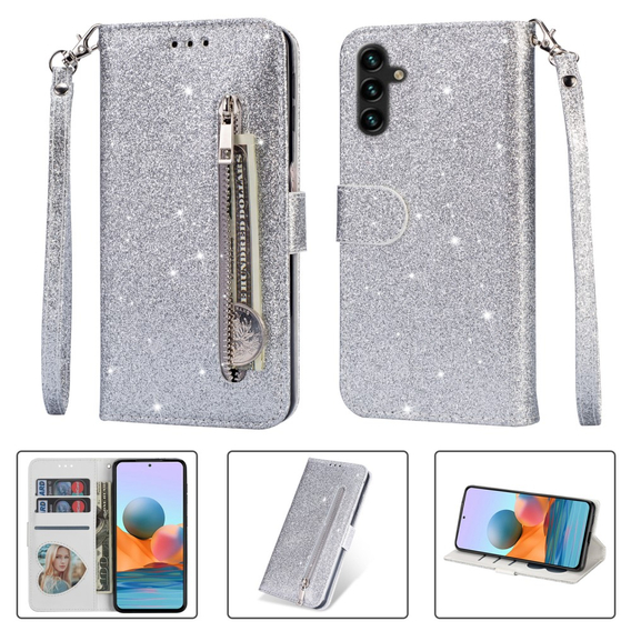 Klapkové puzdro pre Samsung Galaxy A55, Wallet Zipper Pocket Glittery, strieborné