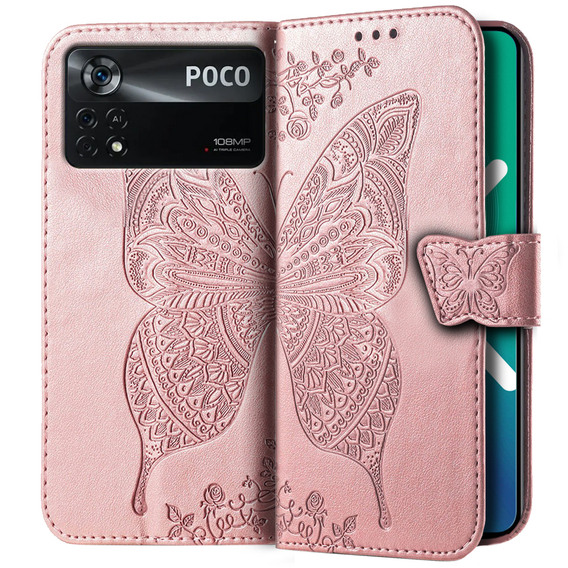 Klapkové puzdro pre Xiaomi Poco X4 Pro 5G, Butterfly, ružové rose gold