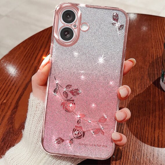 Puzdro pre iPhone 16 Plus, Glitter Flower, ružové rose gold