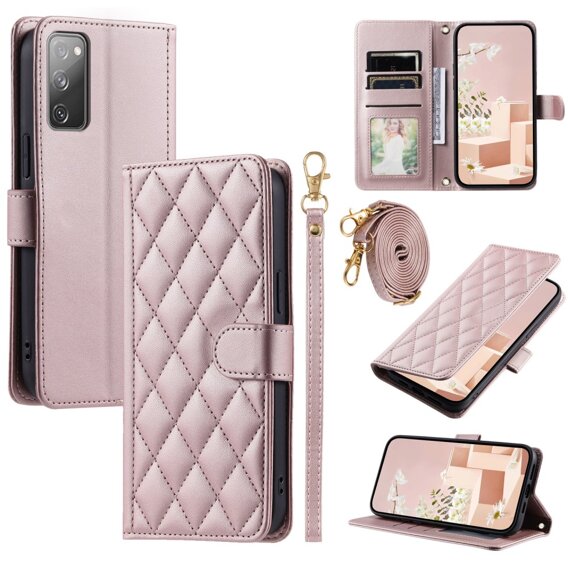 Puzdro s chlopňou pre Samsung Galaxy S20 FE, Rhombus Crossbody Leather, ružové rose gold