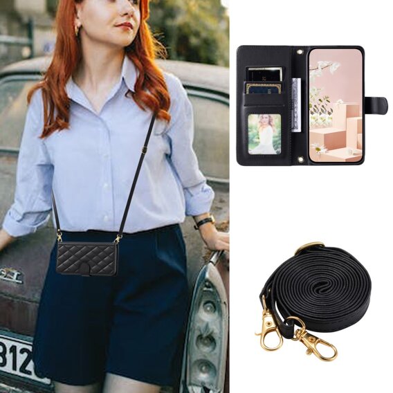 Puzdro s chlopňou pre iPhone 16 Plus, Rhombus Crossbody Leather, čierne