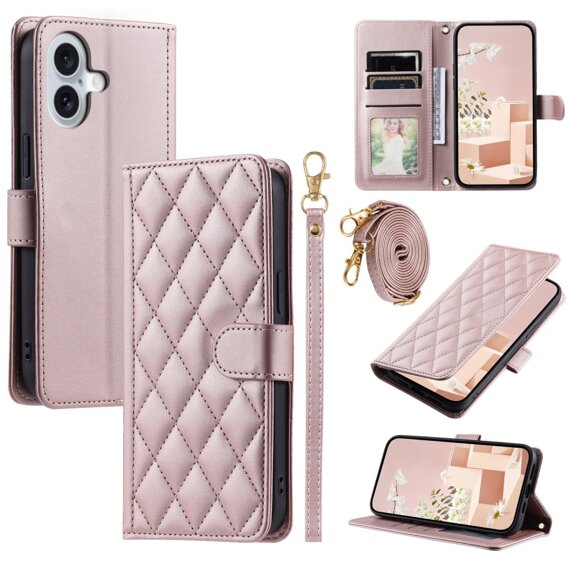 Puzdro s chlopňou pre iPhone 16 Plus, Rhombus Crossbody Leather, ružové rose gold