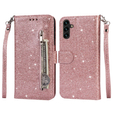 Klapkové puzdro pre Samsung Galaxy A35 5G, Wallet Zipper Pocket Glittery, ružové rose gold