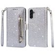 Klapkové puzdro pre Samsung Galaxy A35 5G, Wallet Zipper Pocket Glittery, strieborné